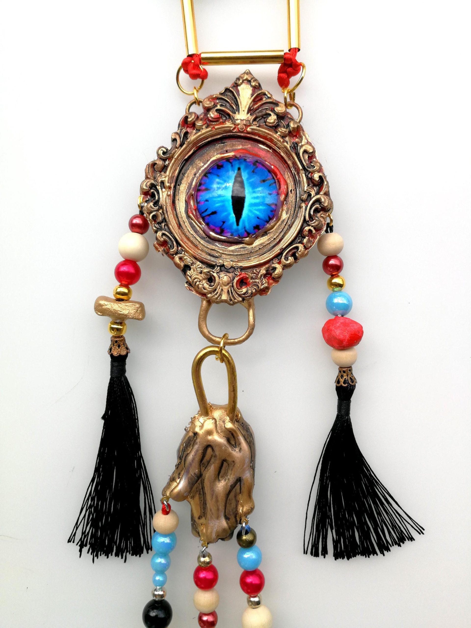 Buddha Jewelry, Statement Necklace Chunky Tribal Beaded Choker, Buddhist Pendant & Dragon Eye Sculptural Luxury