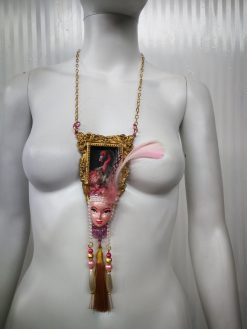 Pink Flamingo Jewelry, Exotic Bird Pendant, Doll Head Sculpture, Baroque Charm Necklace Feather & Tassel