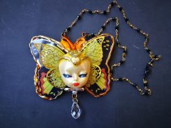 Butterfly Necklace, Doll Head Pendant Statement Jewelry, Sculptural Liberty Belle Epoque Golden Age Charm