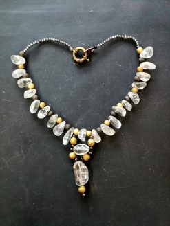 Quartz Necklace, Statement Chunky Jewelry, Clear Crystal Large Natural Stone, Gold Beaded Chain Designer