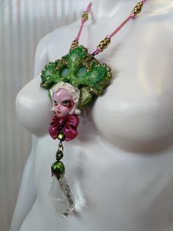 Statement Jewelry, Belle Epoque Sculpture Pendant, Four Leaf Clover Necklace Bib, Flower Crystal Charm
