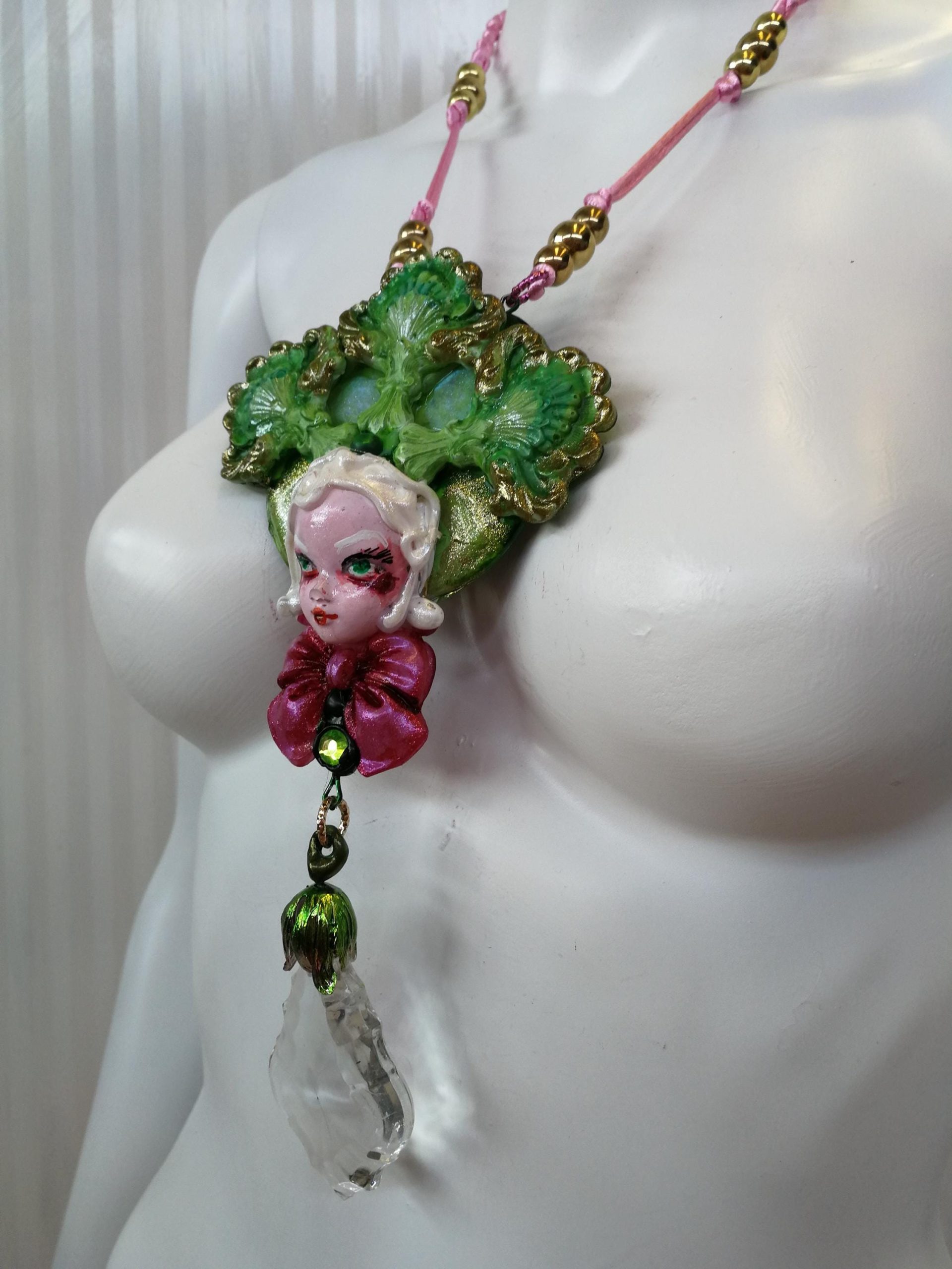 Statement Jewelry, Belle Epoque Sculpture Pendant, Four Leaf Clover Necklace Bib, Flower Crystal Charm