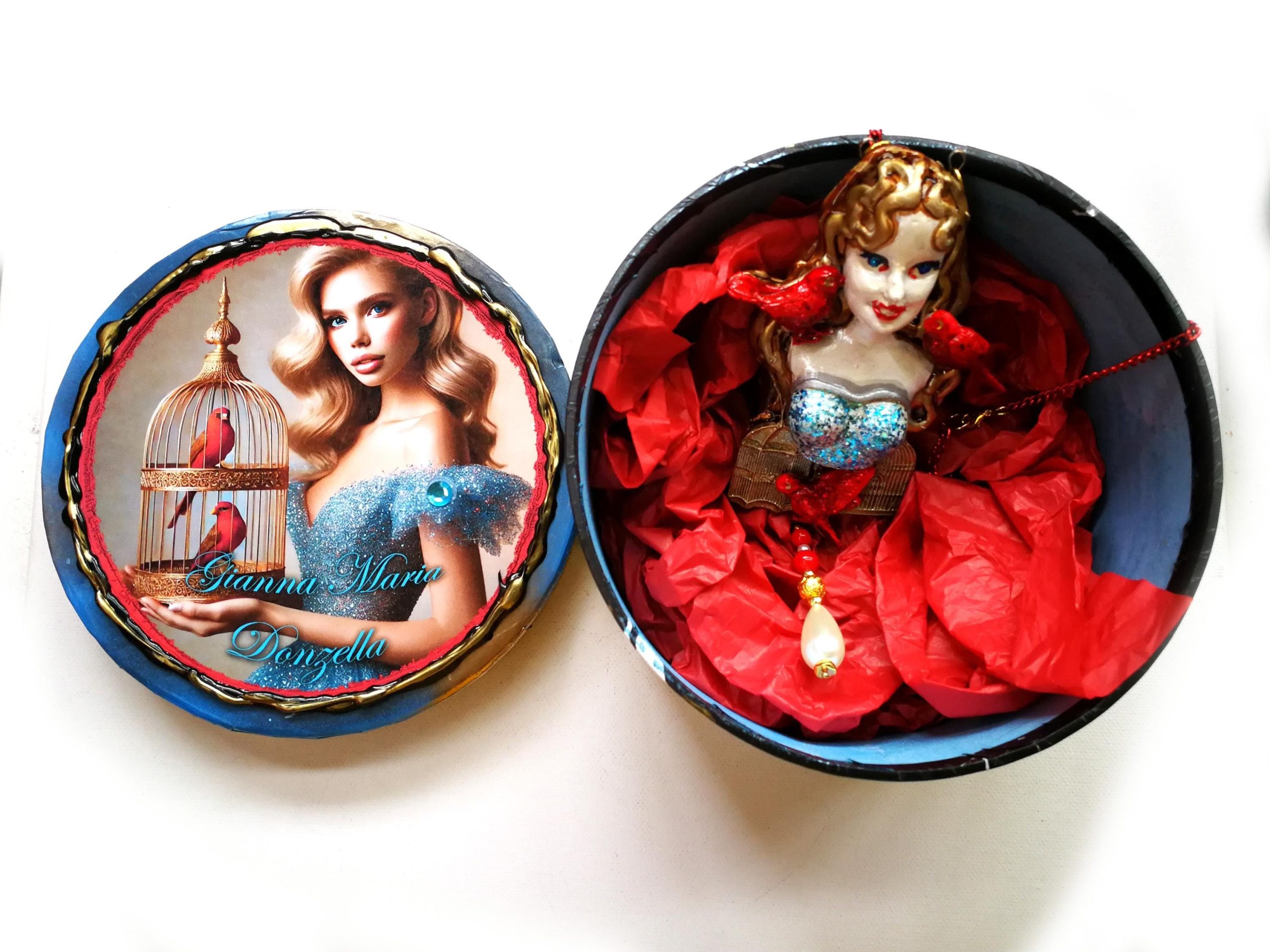Belle Epoque Jewelry, Art Deco Doll Head Sculpture Pendant, Red Bird Cage Golden Liberty