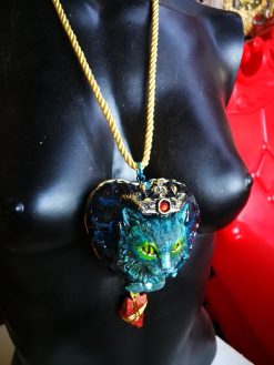 Cat Jewelry Necklace, 3D Sculptural Heart, Elegant Statement Stone Charm Animal Crown Maximalist Pendant
