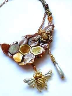 Statement Jewelry, Queen Bee Necklace Luxury Gold Bumble Honey Insect Pendant Sculptural Gemstone Charm