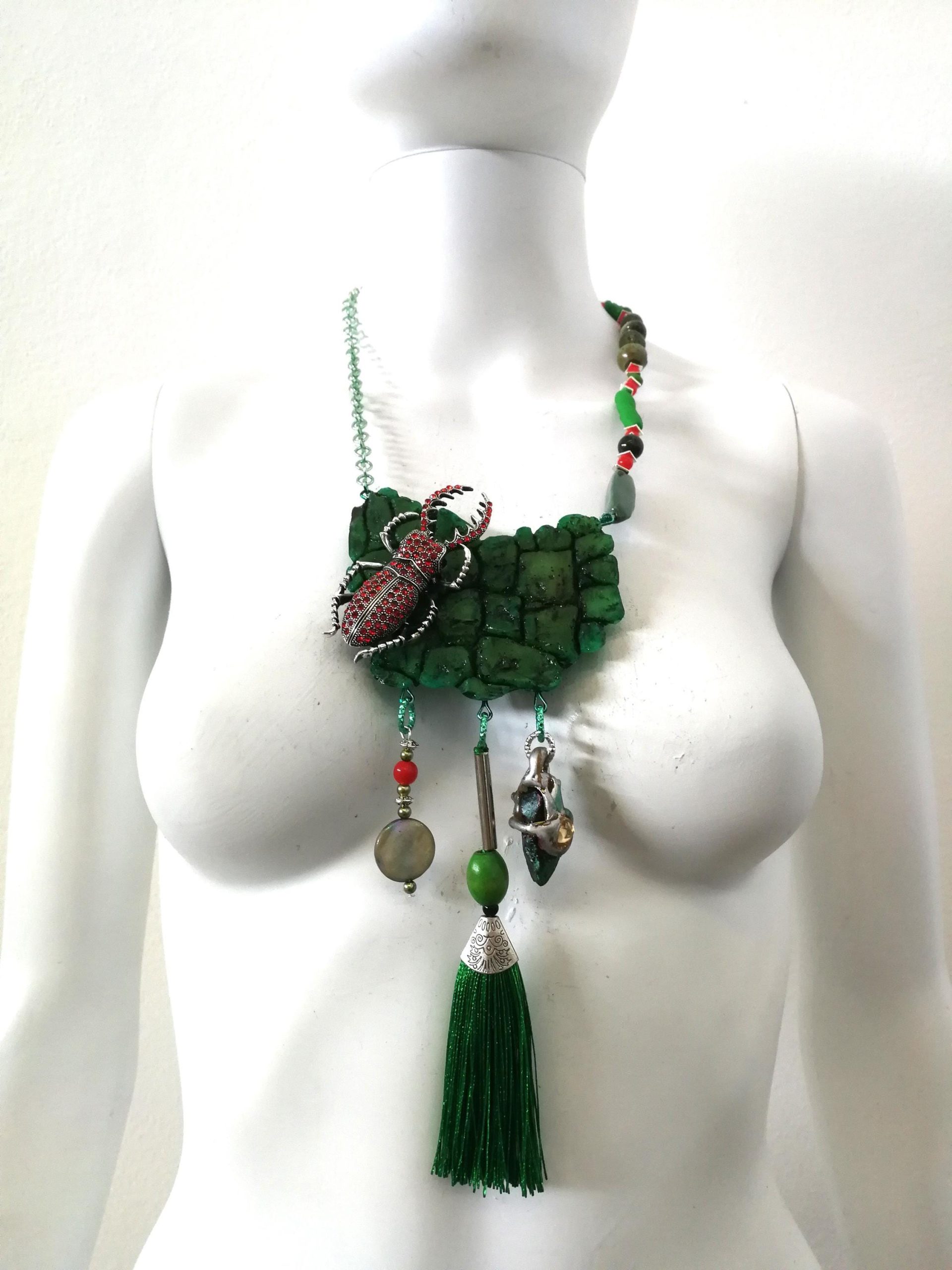 Scarab Beetle Pendant, Insect Necklace Forest, Maximalist Luxury Statement Jewelry Bib Tassel Charm Stone