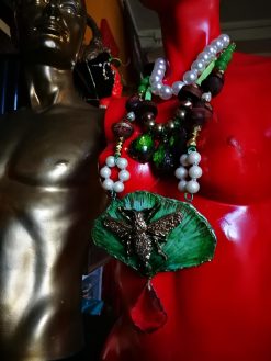 Fine Jewelry, Fan Leaf Bold Necklace, Chunky Pendant Art Nouveau Nature Pearl Crystal Charm