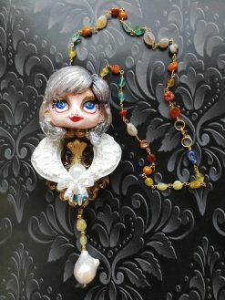 Art Deco Pendant - Statement Necklace Luxury Sculpted Doll, Natural Pearl Vintage Gemstone Couture Jewelry