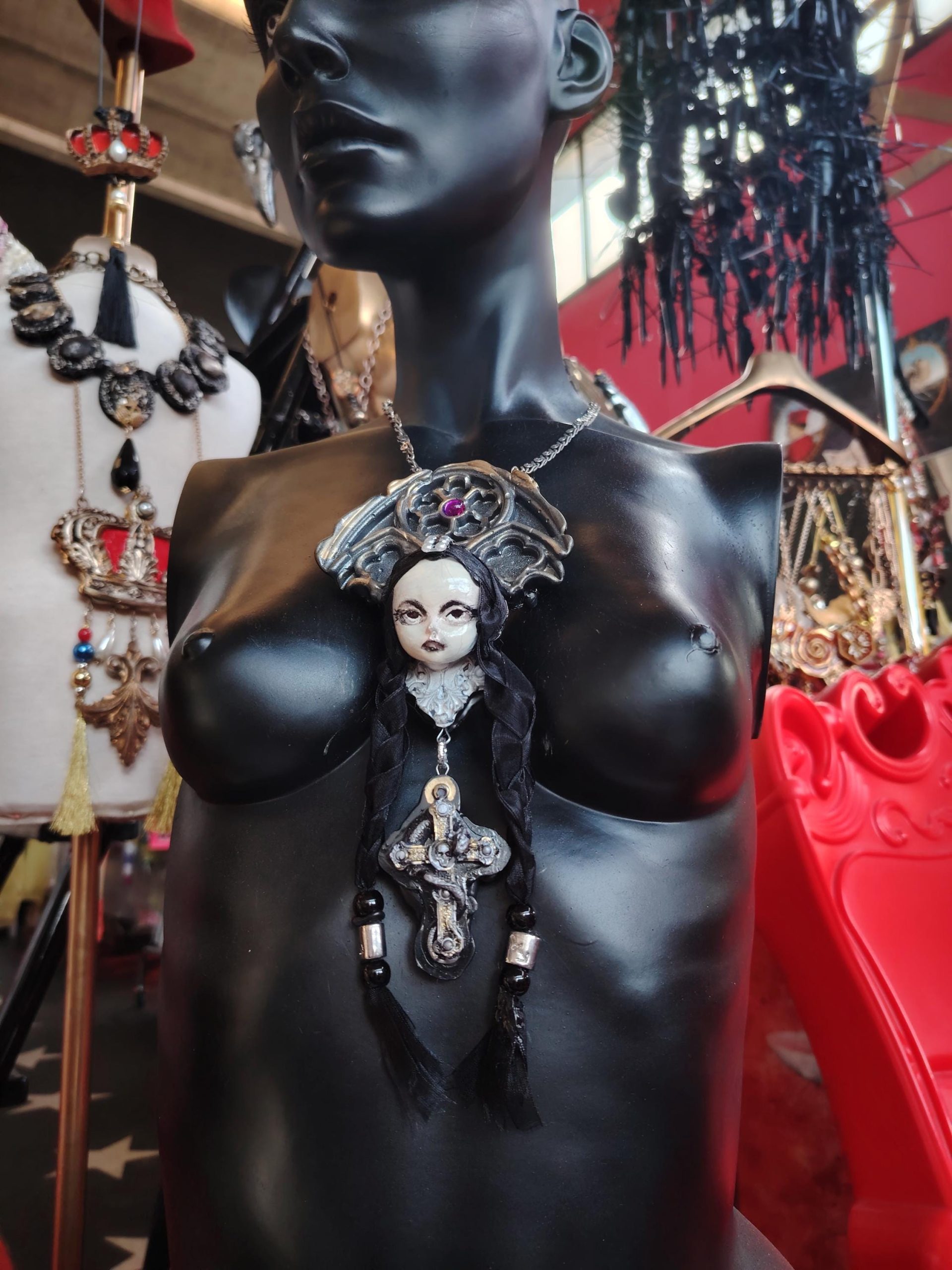 Gothic Necklace, Doll Head Sculpture Pendant, Wednesday Addams Goth Jewel Charm, Fairy Tale Jewelry