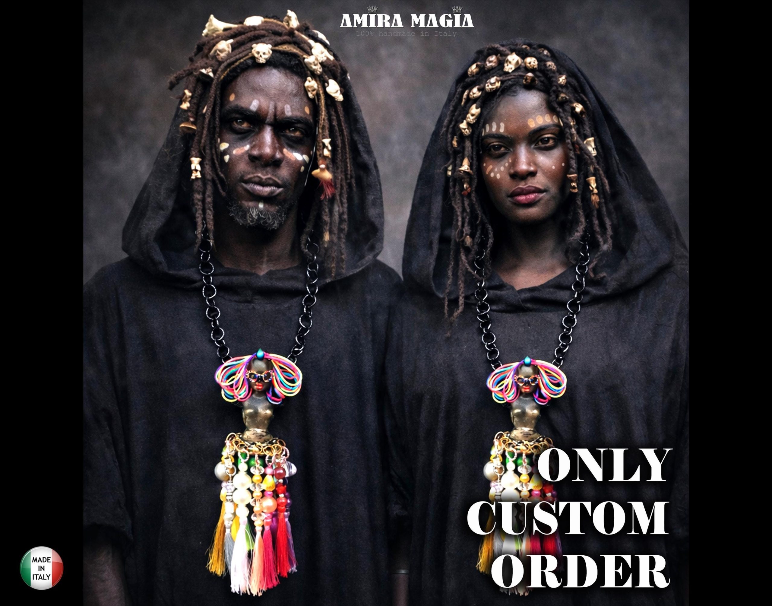 African American Doll Statement Necklace, Chunky Bold Sculpture Jewelry, Tassel Pendant Chain & Beaded Charm