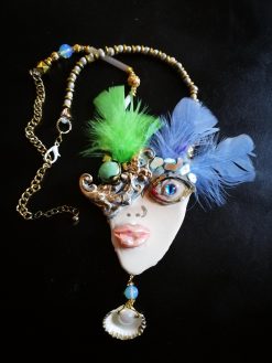 Lady Face Necklace, Belle Epoque Charleston Gasby Pendant Chunky Portrait, Amazzonite & Shell Jewelry Charm