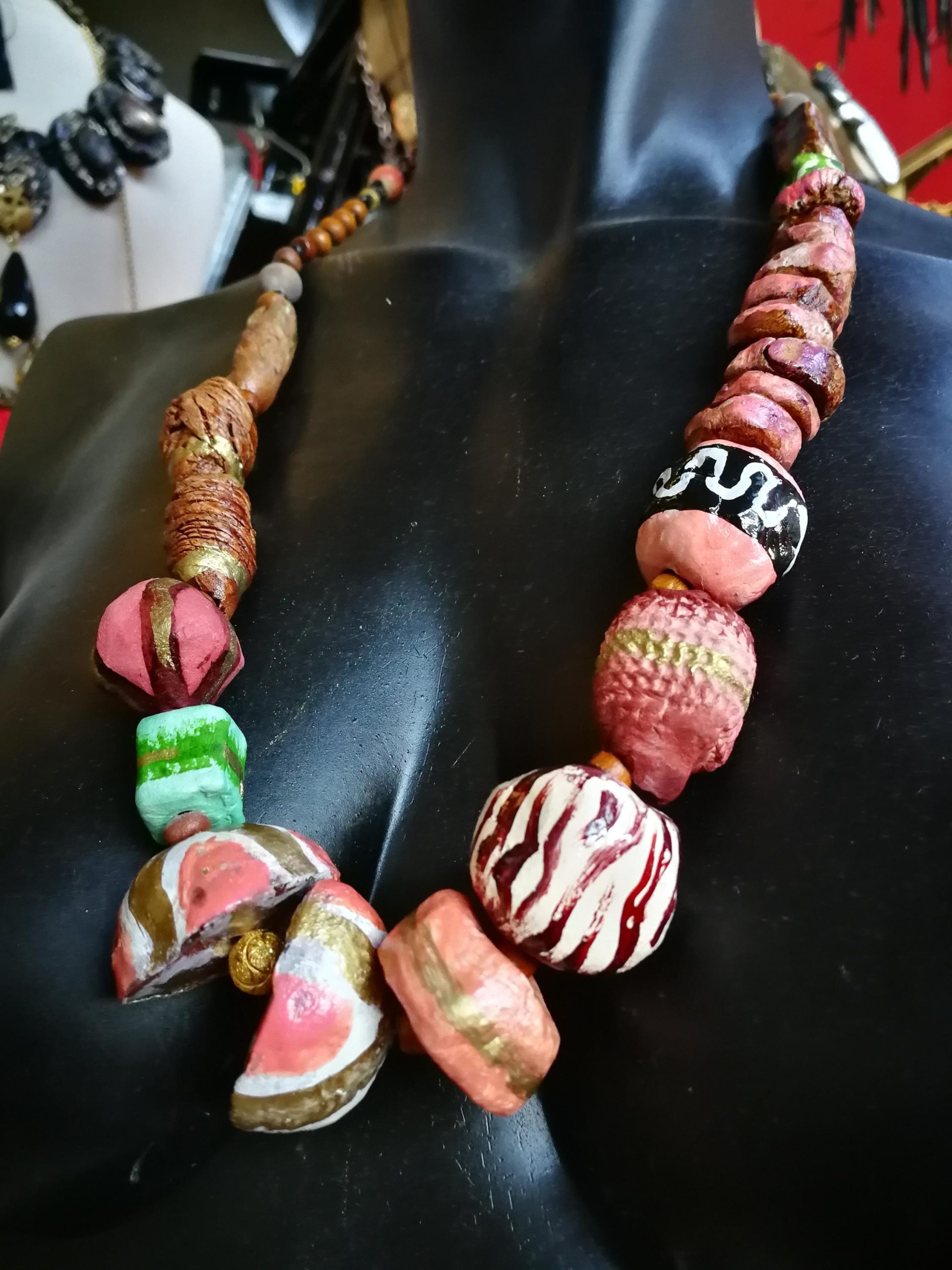 Luxury Jewelry Black Pink Gold Sculpted Beaded Statement Necklace, Haute Couture Orb Design OOAK