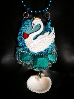 Swan Necklace, Statement Charm Pendant, Seashell Fine Jewelry Sculpture Luxury Turquoise Pearl & Raw Stone