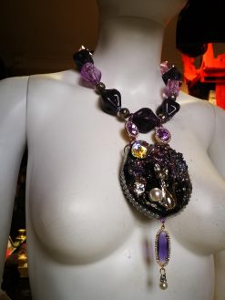 Rough Amethyst Statement Necklace Rhinestone Ball Accents Cat & Moon Chunky Pendant Design Beaded Jewelry
