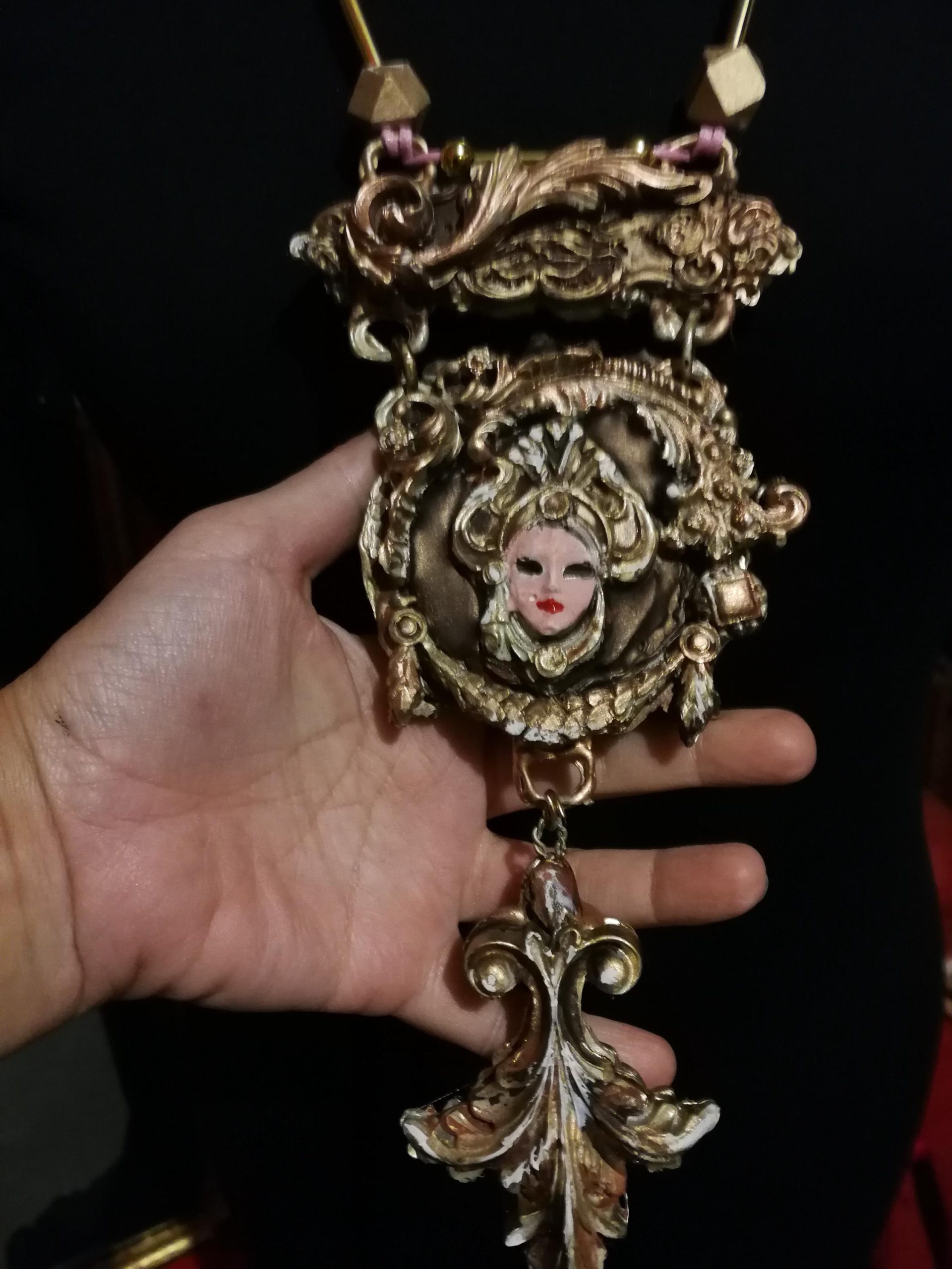 Venetian Mask Pendant, Sculptural Baroque Theatre Charm, Rococo Statement Massive Costume Jewelry OOAK Luxury
