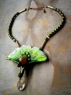 Eagle Bird Necklace, Art Deco Chunky Pendant, Statement Fan Leaf Nature Jewelry Crystal Charm