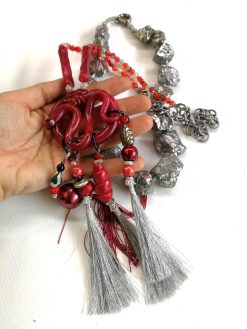 Brutalist Necklace, Chunky Snake Sculptural Pendant, Serpent Statement Jewelry Stone Beaded Chain Pyrite Gemstone
