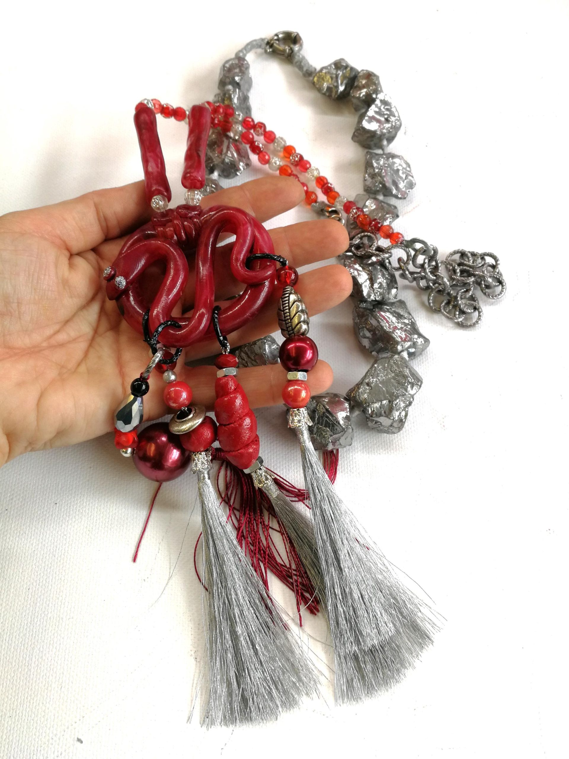 Brutalist Necklace, Chunky Snake Sculptural Pendant, Serpent Statement Jewelry Stone Beaded Chain Pyrite Gemstone