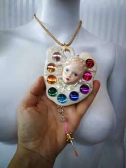 Belle Epoque Jewelry, Art Deco Nouveau Doll Head Sculpture Pendant, Painter Artist Palette Necklace