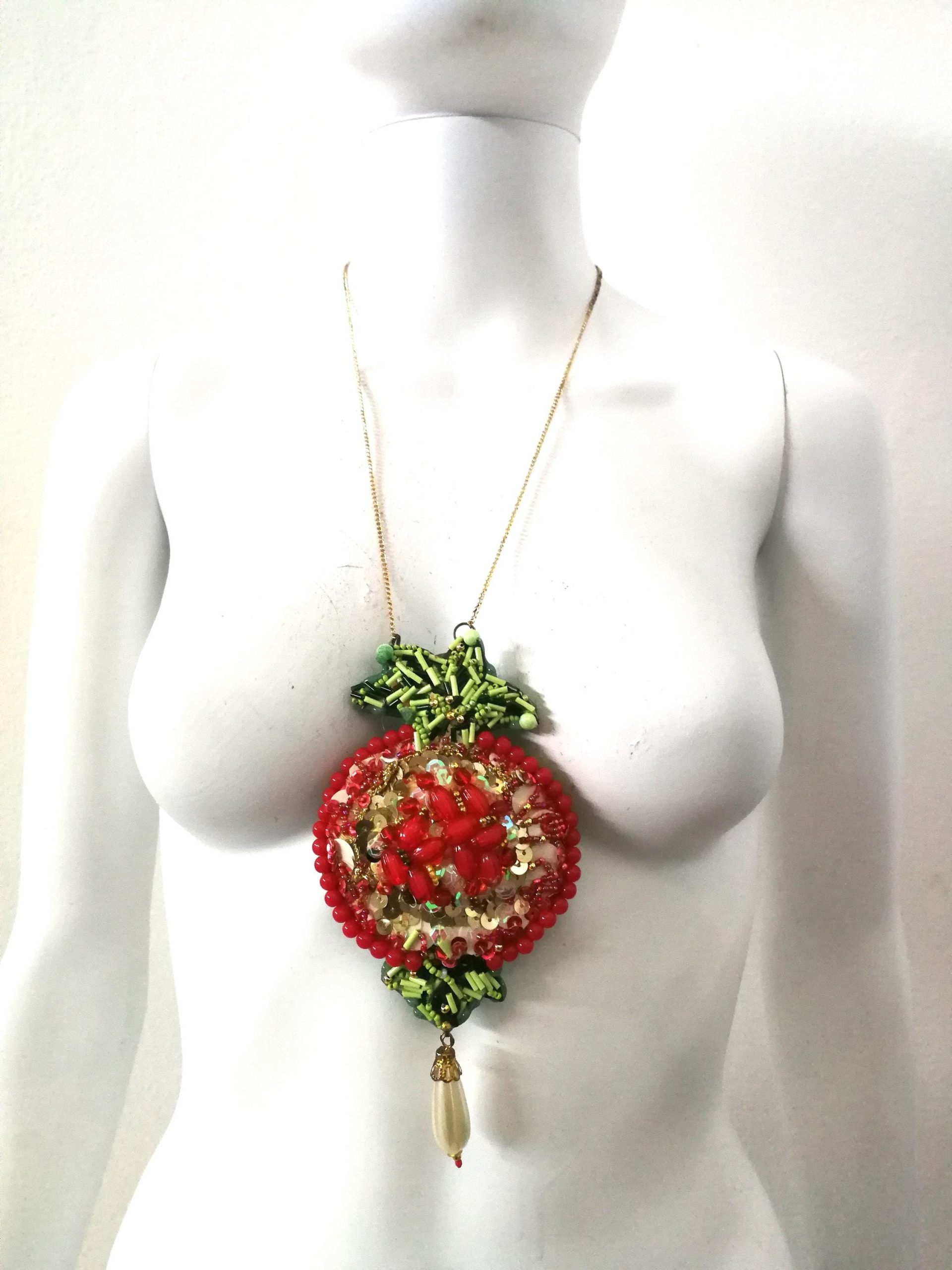 Passion Fruit Necklace, Hand Embroidered Jewelry, Luxury Pendant Pearl Charm, Chain Amulet Collar Jewelry