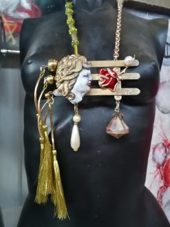 Belle Epoque Jewelry, Statement Doll Head Sculpture Pendant Charleston, Golden Age Liberty Flower Charm