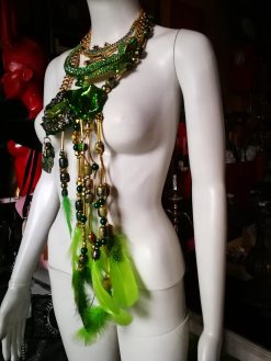 Metallic Emerald & Feathers Layers Statement Pendant, Avant Garde Sculpted Oversized Big Bold Chunky Necklaces