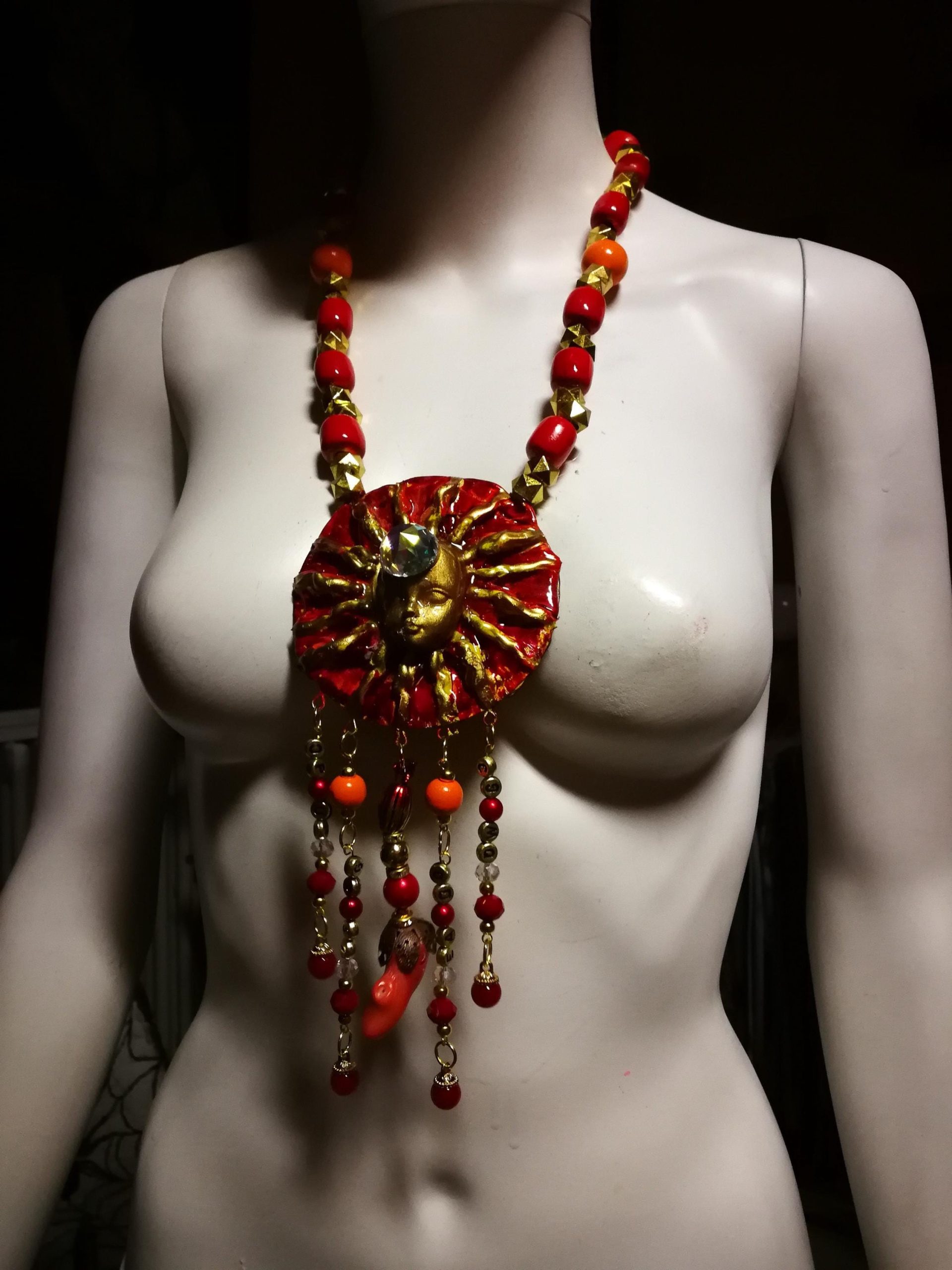 Red & Gold Sun Face Pendant Necklace, Beaded Dangles OOAK Wearable Art Statement Bold Jewelry
