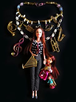 Doll Necklace, Music Teacher Assemblage Jewelry Statement Pendant, Extravagant Futuristic Luxury Glamour Charm