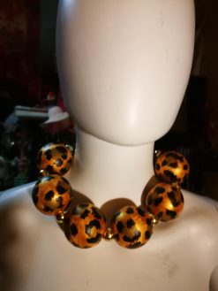 Oversized Necklace Hand Painted Leopard Orb Beaded Statement OOAK Haute Couture Jewelry Sculptured Wild