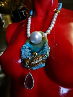 Swan Lake Rhinestone Choker Necklace, Statement Jewelry Mother of Pearl & Onyx Stone Charm Pendant