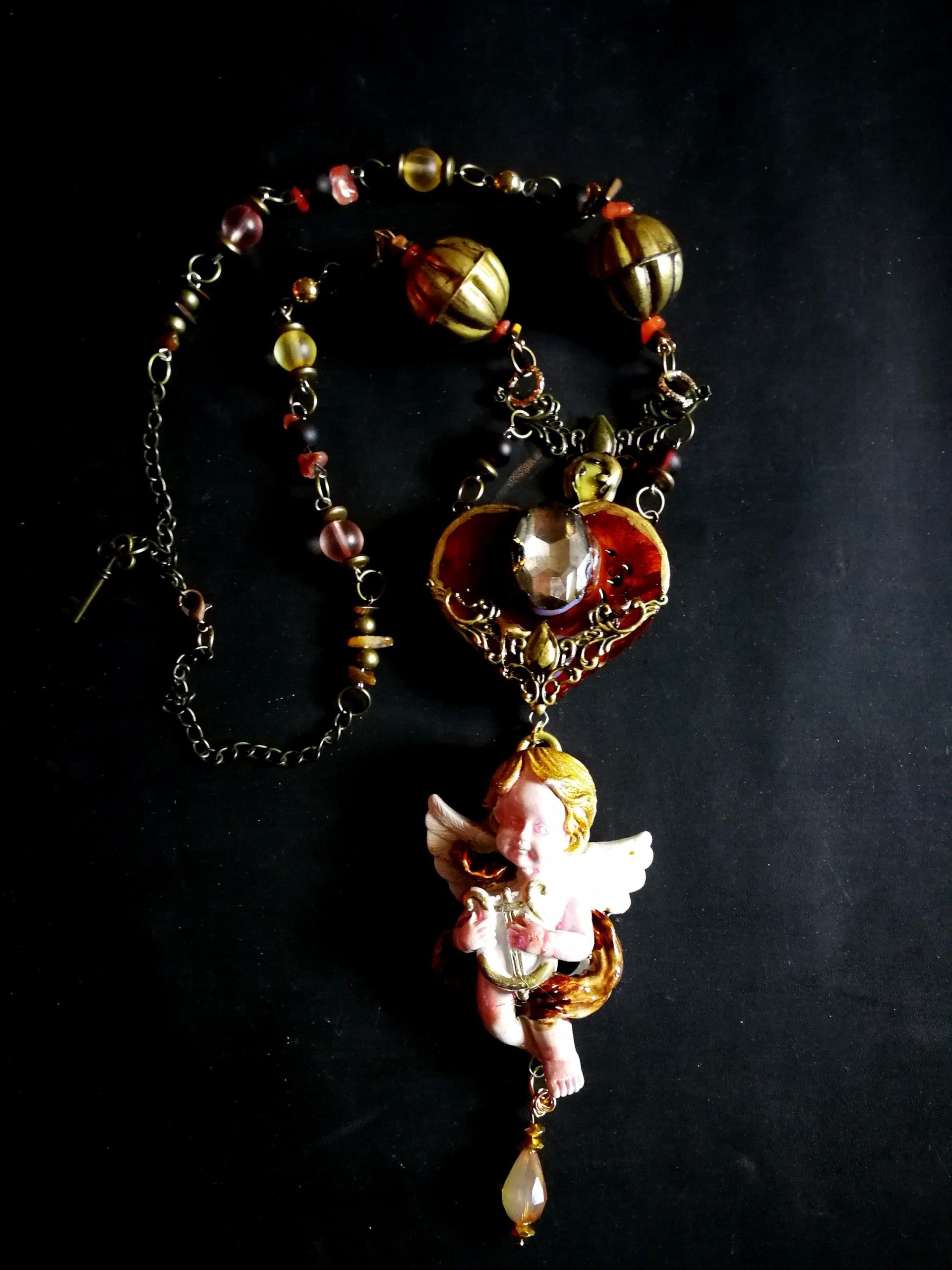 Vintage Jewelry Baroque Jewellery, Music Making Angel Winged Archangel Pendant, Rococo Necklace Antique Cherubim