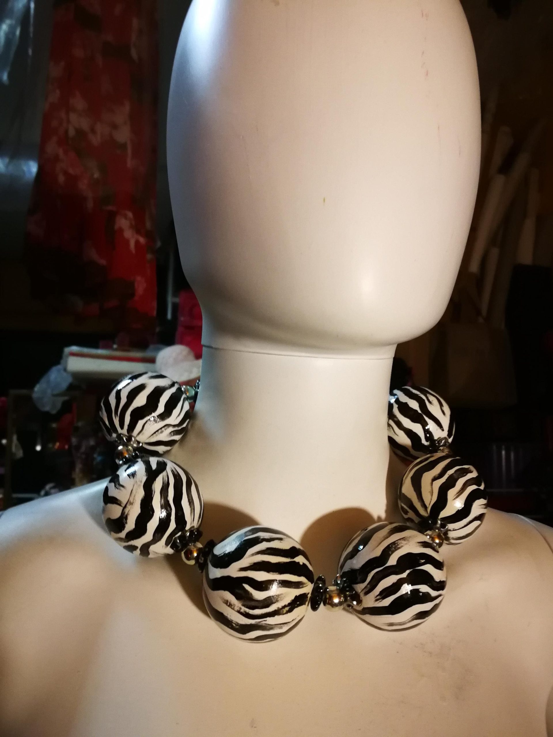 Oversize Beaded Necklace, Hand Painted Zebra Black & White Statement OOAK Couture Jewelry Sculptured Wild