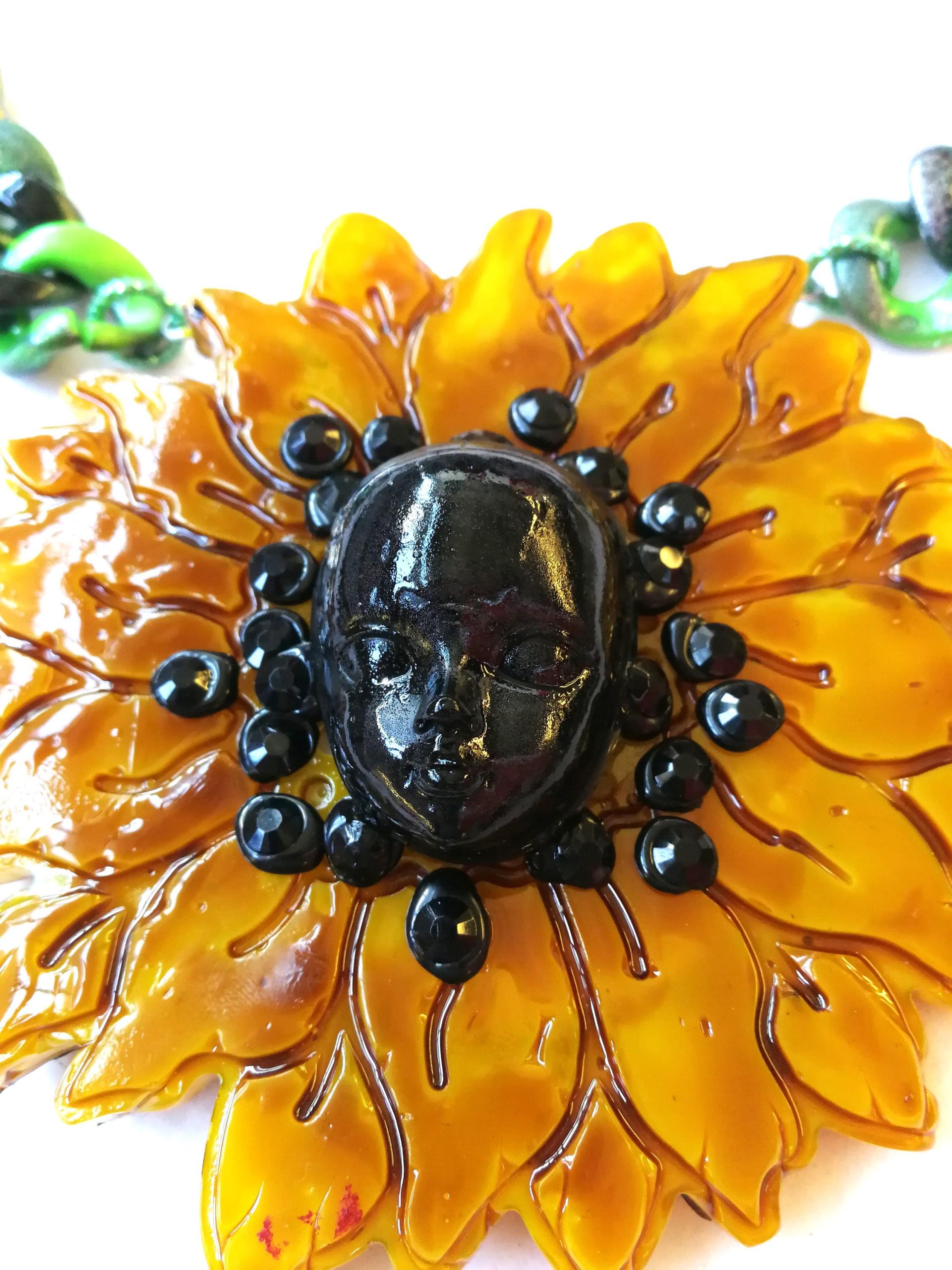 Sunflower Necklace and Bracelet Daisy Pendant, Floral Suit Set Jewelry, Sun Flower Brutalist Modernist