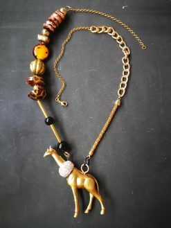 Designer Jewelry, Extravagant Pendant Animal, Giraffe Locket Statement Necklace Savana Wild Charm Beaded Chain