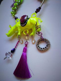 Rhinoceros Necklace, Designer Jewelry, Extravagant Pendant Animal Rhino, Whimsical Charm Beaded Oddities Locket Bib