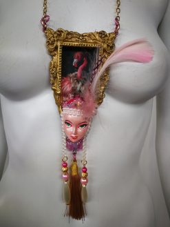 Pink Flamingo Jewelry, Exotic Bird Pendant, Doll Head Sculpture, Baroque Charm Necklace Feather & Tassel