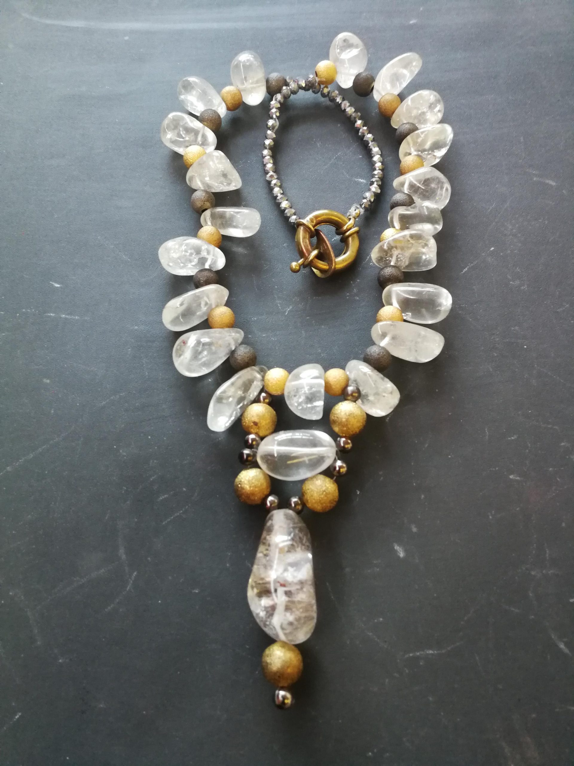 Quartz Necklace, Statement Chunky Jewelry, Clear Crystal Large Natural Stone, Gold Beaded Chain Designer