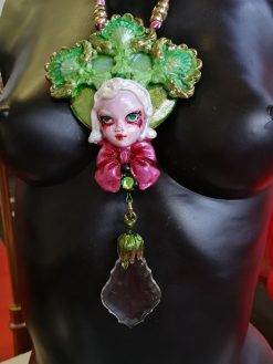Statement Jewelry, Belle Epoque Sculpture Pendant, Four Leaf Clover Necklace Bib, Flower Crystal Charm