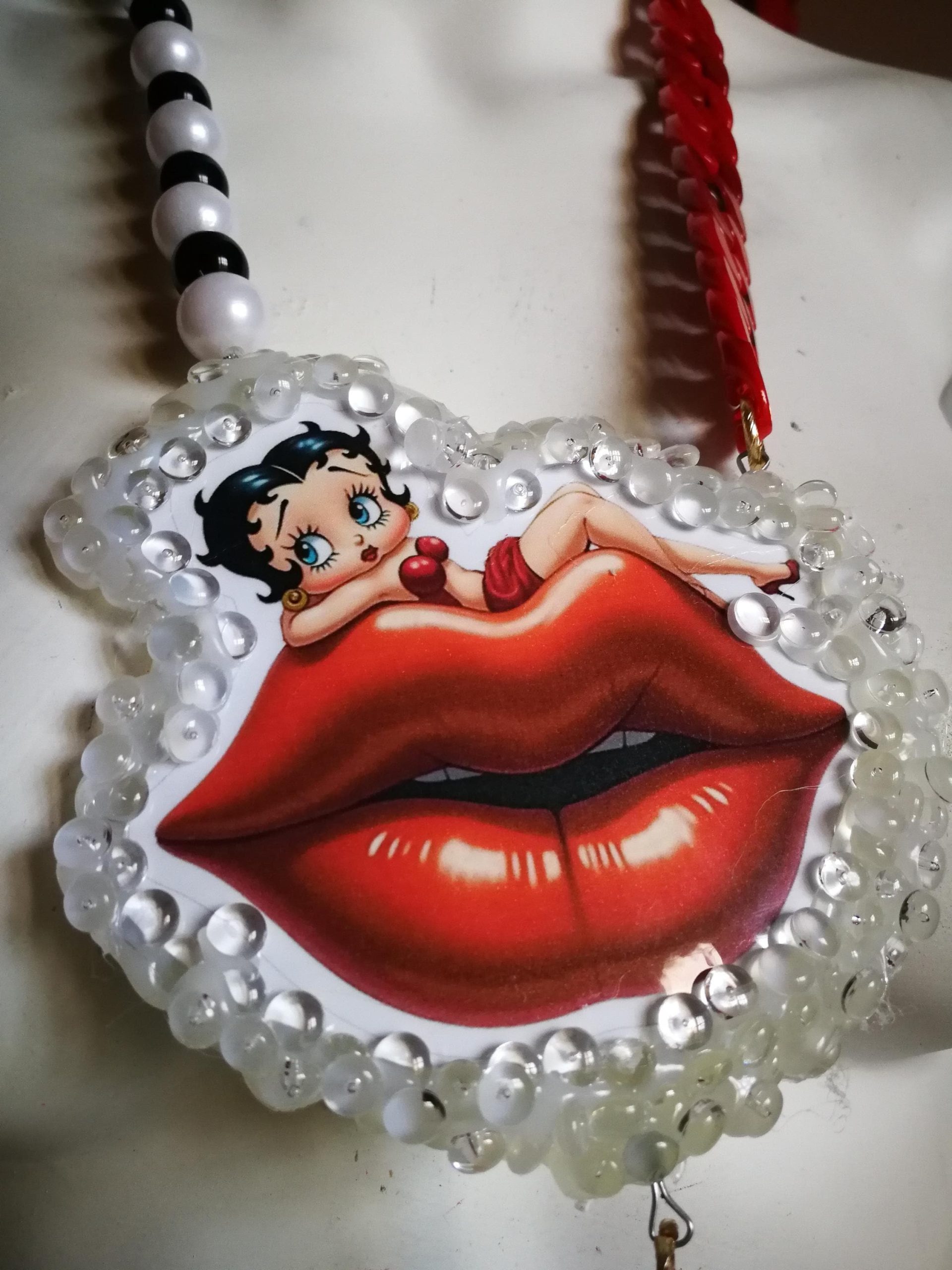 Betty Boop Figurine Whimsical Statement Necklace, OOAK Kiss & Lips Jewelry Old Hollywood Femme Fatale