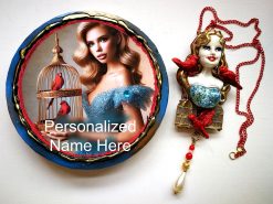 Belle Epoque Jewelry, Art Deco Doll Head Sculpture Pendant, Red Bird Cage Golden Liberty