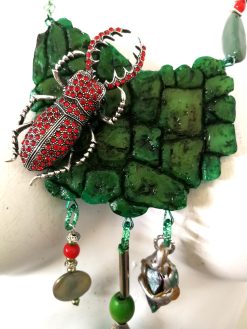 Scarab Beetle Pendant, Insect Necklace Forest, Maximalist Luxury Statement Jewelry Bib Tassel Charm Stone