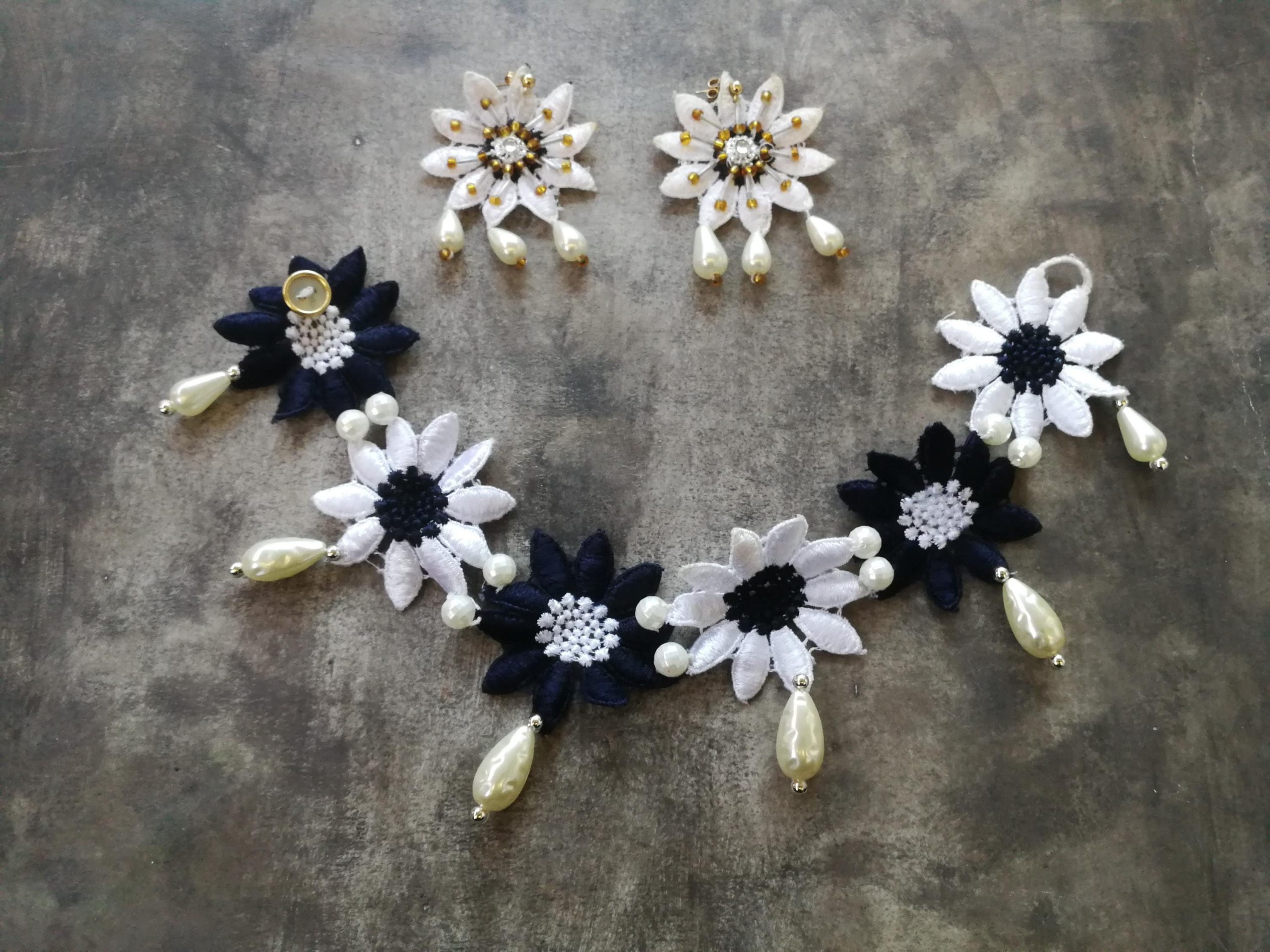 Bride Jewelry Set, Macrame Earrings Choker Embroidered, Pearl Wedding Accessories, Crochet Lace Flower Necklace