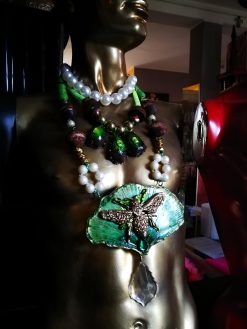 Fine Jewelry, Fan Leaf Bold Necklace, Chunky Pendant Art Nouveau Nature Pearl Crystal Charm