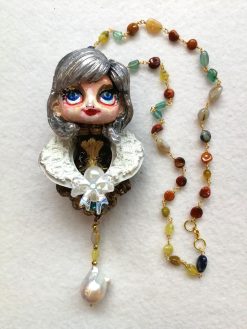 Art Deco Pendant - Statement Necklace Luxury Sculpted Doll, Natural Pearl Vintage Gemstone Couture Jewelry
