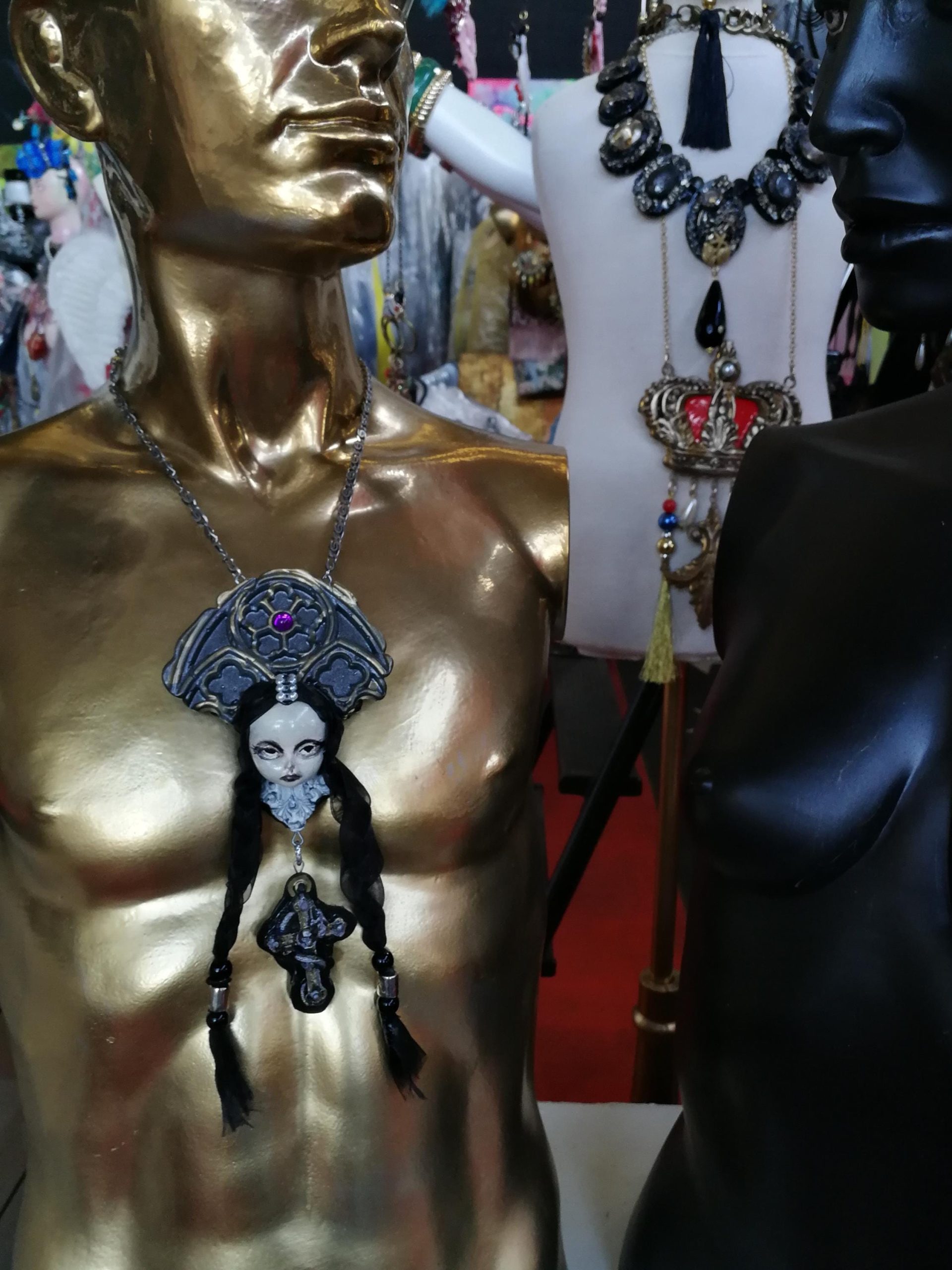 Gothic Necklace, Doll Head Sculpture Pendant, Wednesday Addams Goth Jewel Charm, Fairy Tale Jewelry