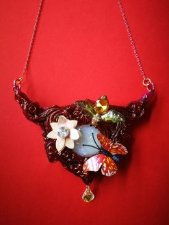 Bumble Bee Necklace Queen, Sculpted Luxury Jewelry Statement Bezel Pendant, Insect Charm Butterfly Flower