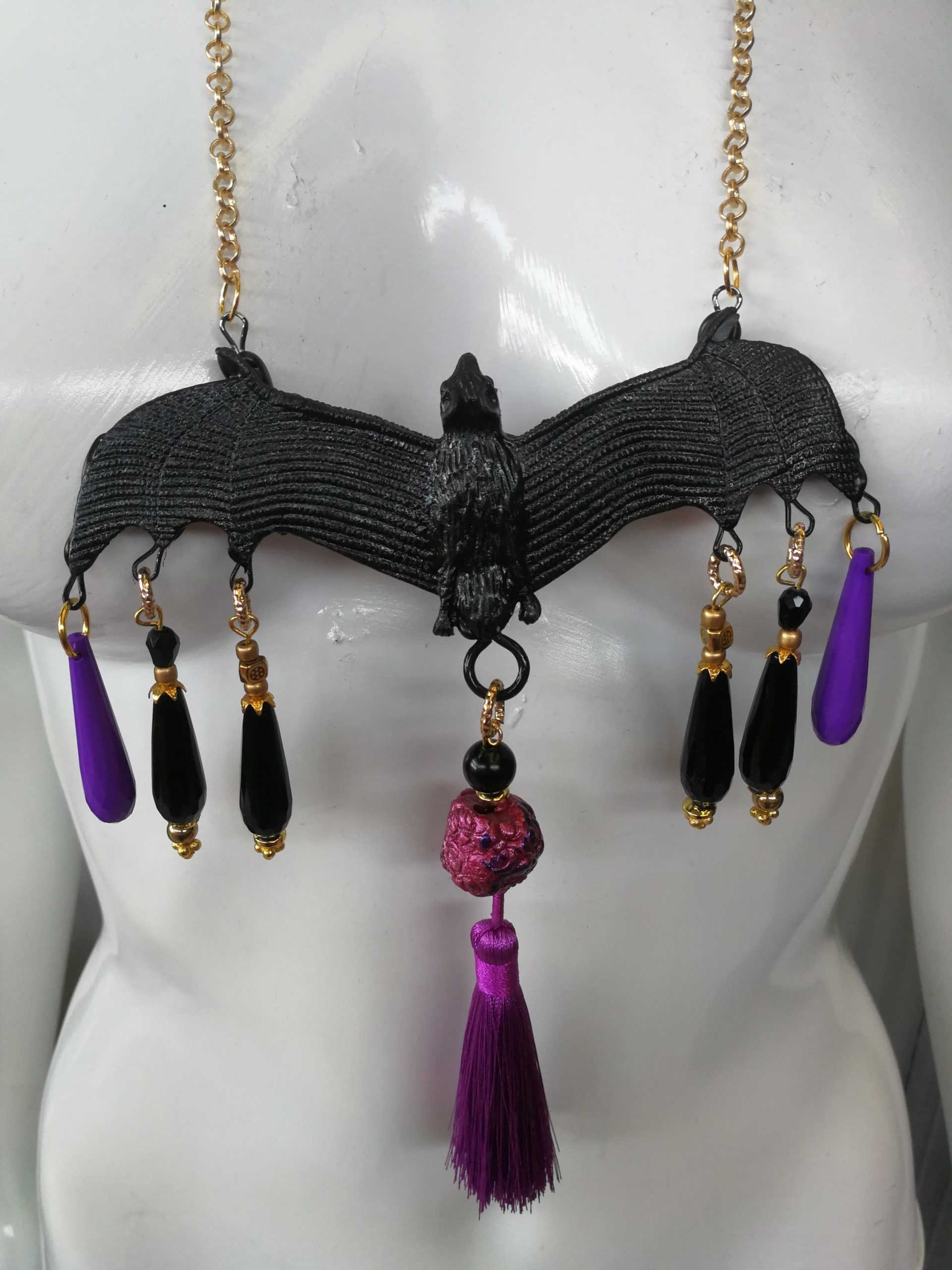 Bat Vampire Jewelry Dark Necklace, Beaded Tassel Pendant Chain, Gothic Punk Rock Jewel Charm