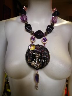 Rough Amethyst Statement Necklace Rhinestone Ball Accents Cat & Moon Chunky Pendant Design Beaded Jewelry