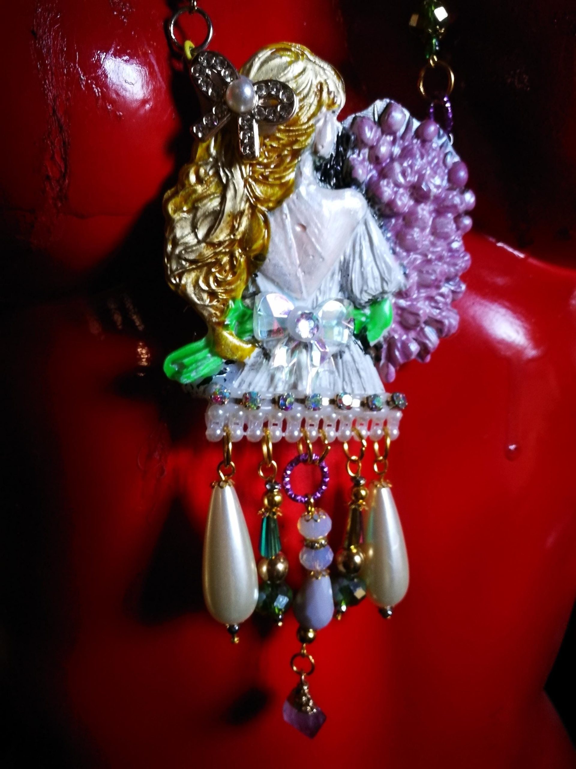 Art Nouveau Jewelry, Belle Epoque Statement Sculpture Pendant, Nature Bouquet Flower Tulips & Pearl Necklace