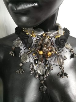 Marie Antoniette Choker, Embroidered Macrame Lace Jewelry, Locket Medallion Statement Necklace Collar Black Roses